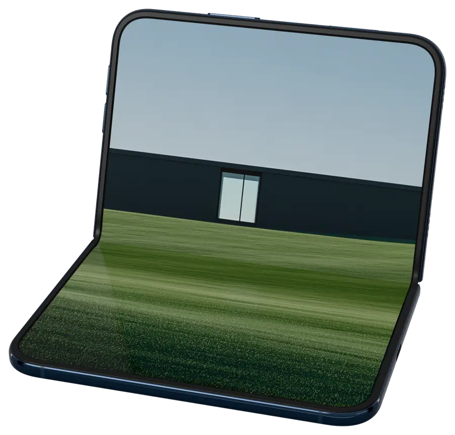iPhone Duo seated on a desk, Silent Horizon wallpaper with the horizon on the fold