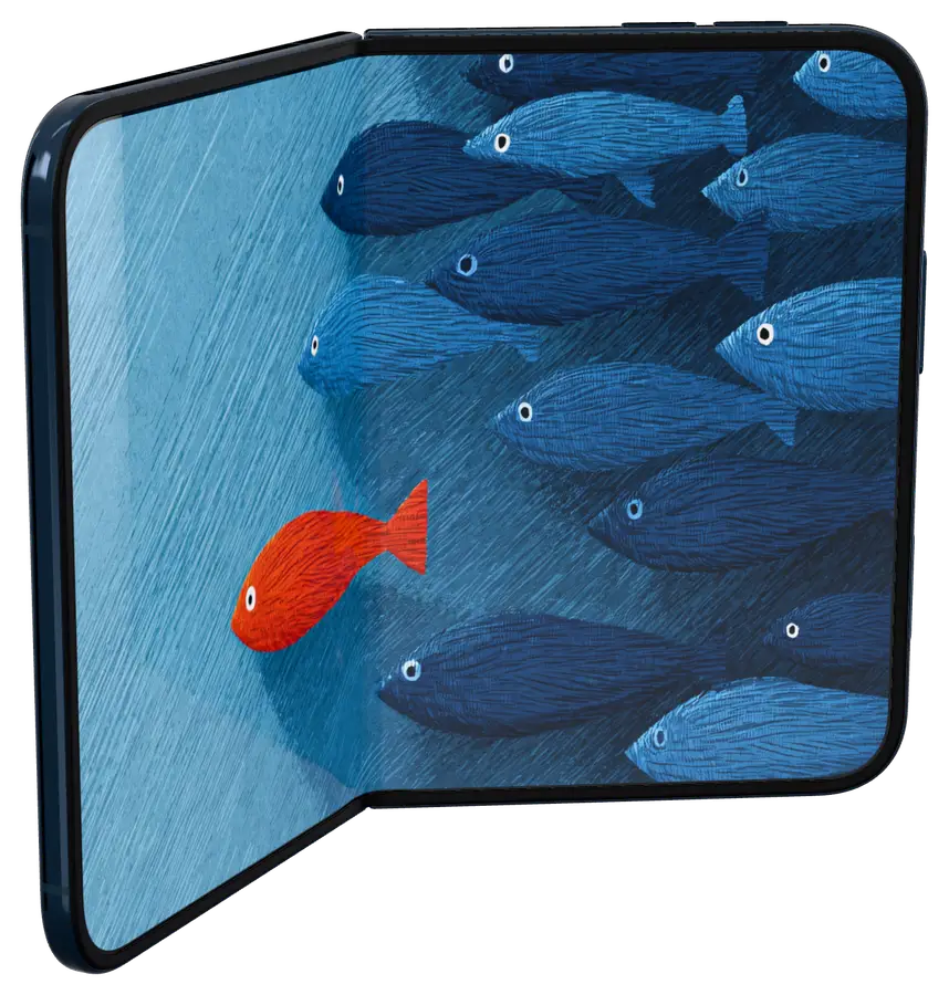 iPhone Duo opened like a book, Ocean Currents fish wallpaper crossing the fold