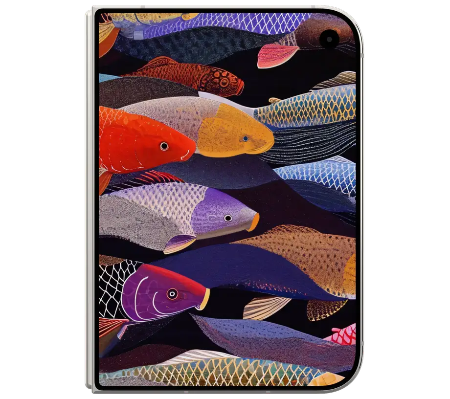 iPhone Duo in Star White, closed, showing the Luminous Koi wallpaper on its cover screen