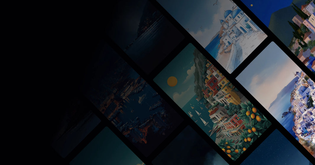 Mediterranean Coastal Village Artwork — Serene Blue Domes and White Houses by the Sea