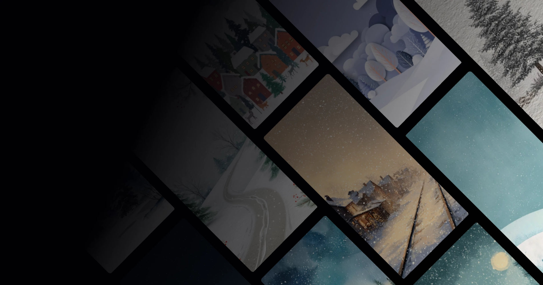 Winter Wonder: Snowy Landscapes with Red Cloak, Reindeer, and Festive Towns