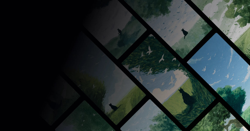 Black Cat Watching Birds Fly Over Green Field – Serene Nature Art