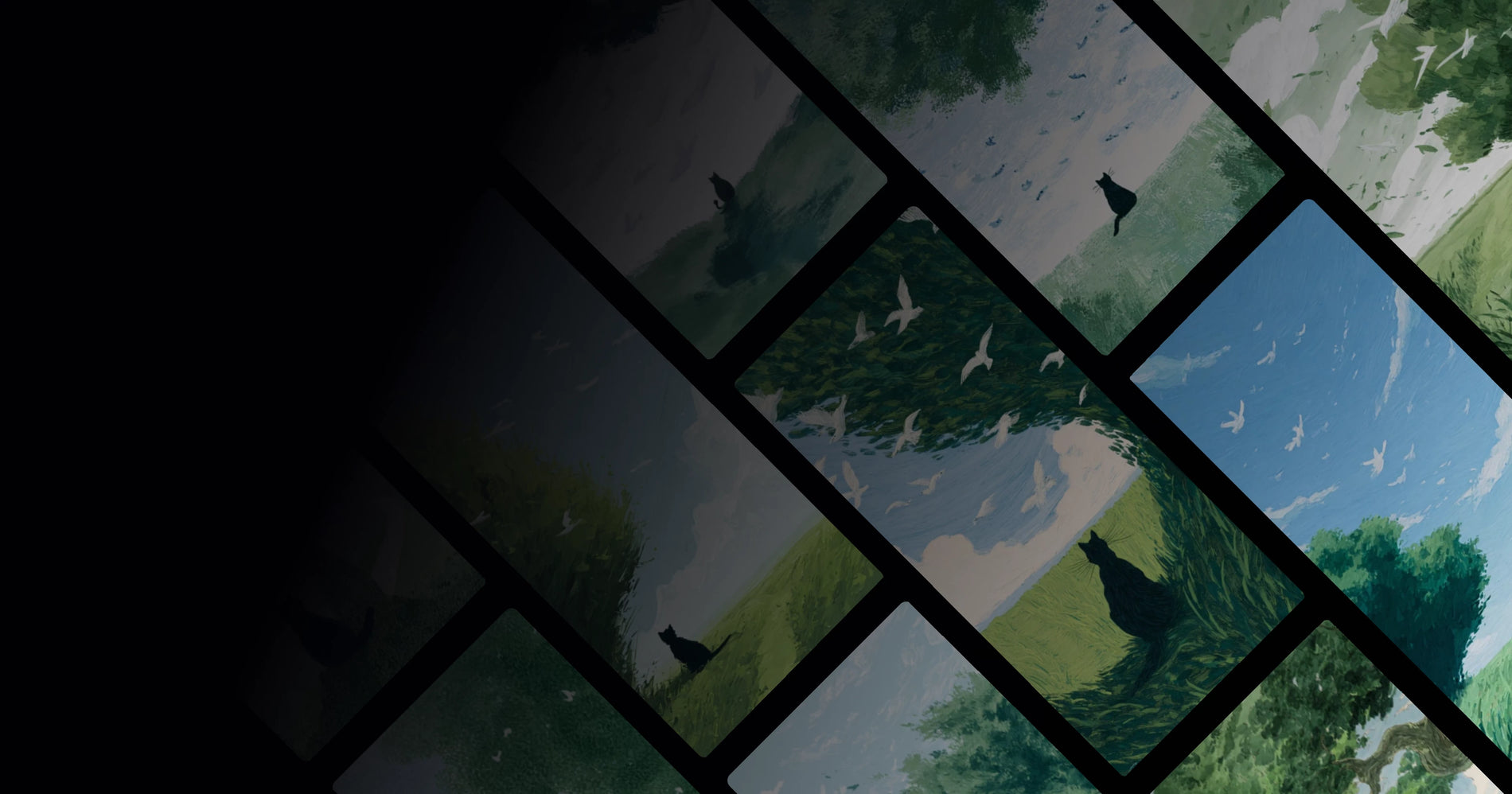 Black Cat Watching Birds Fly Over Green Field – Serene Nature Art