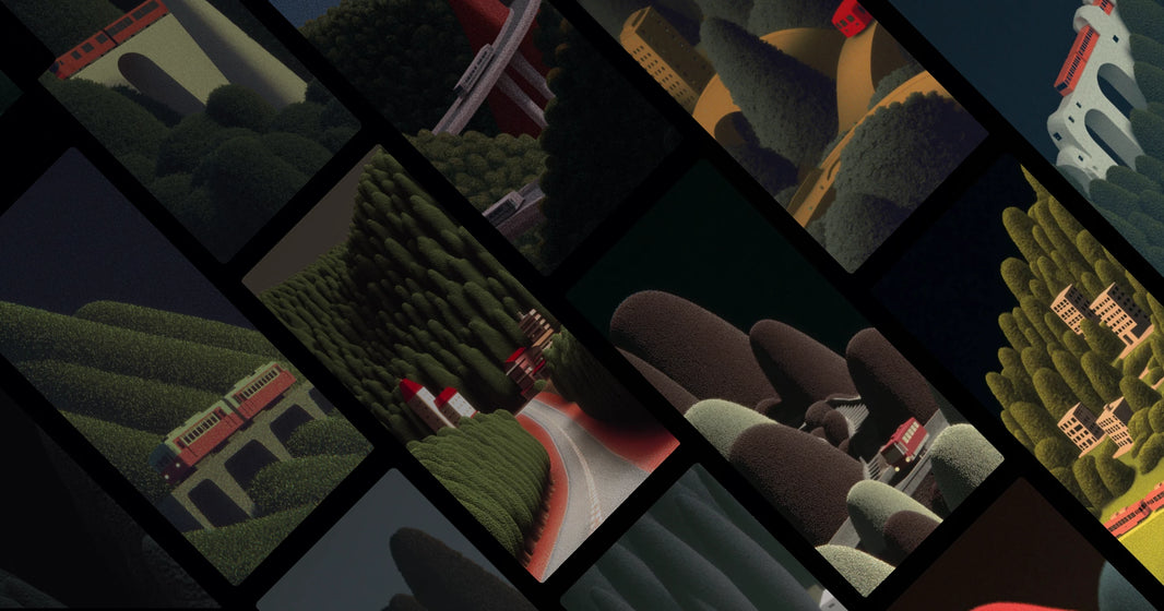 Red Train Journey Through Abstract Forest and Cityscape Art