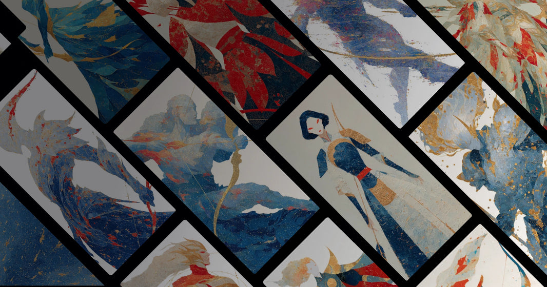 Mythical Archer Artwork – Ethereal Warrior Figures in Red and Blue Textile Design