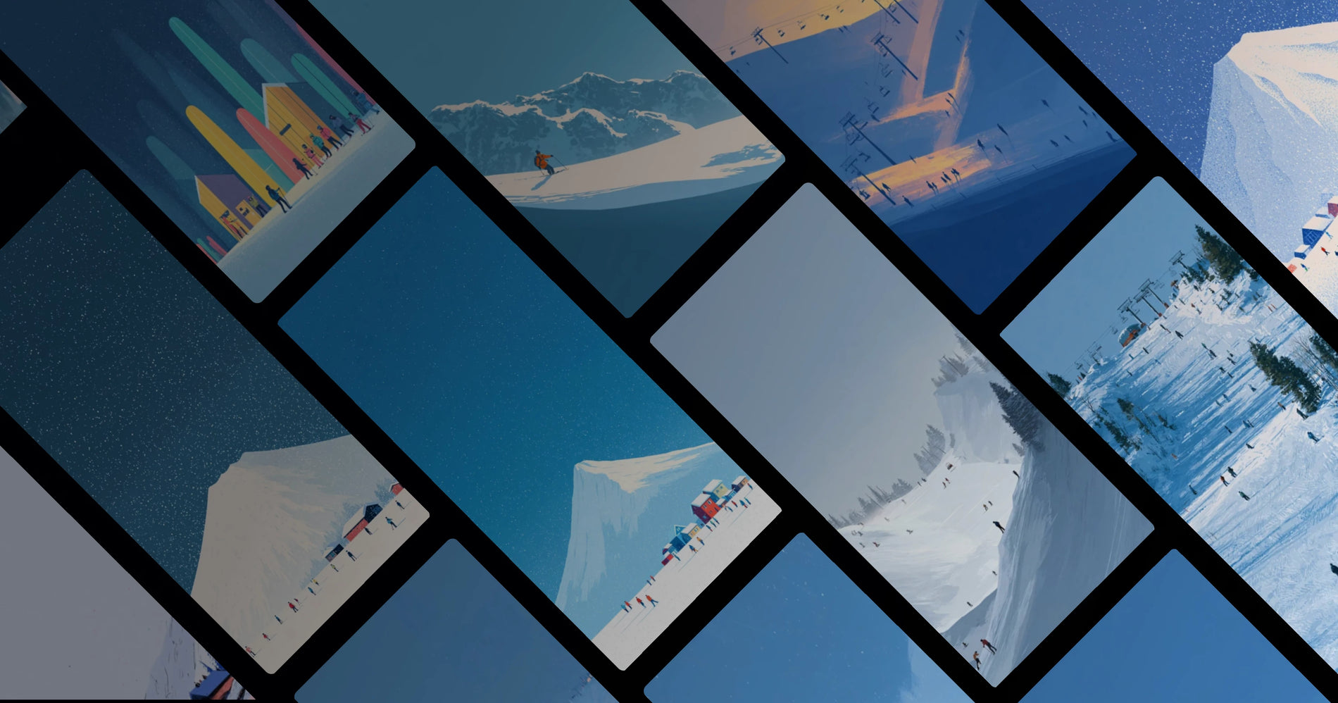 Snowy Mountain Scenes with Human Figures and Ski Resorts — Minimalist Winter Art