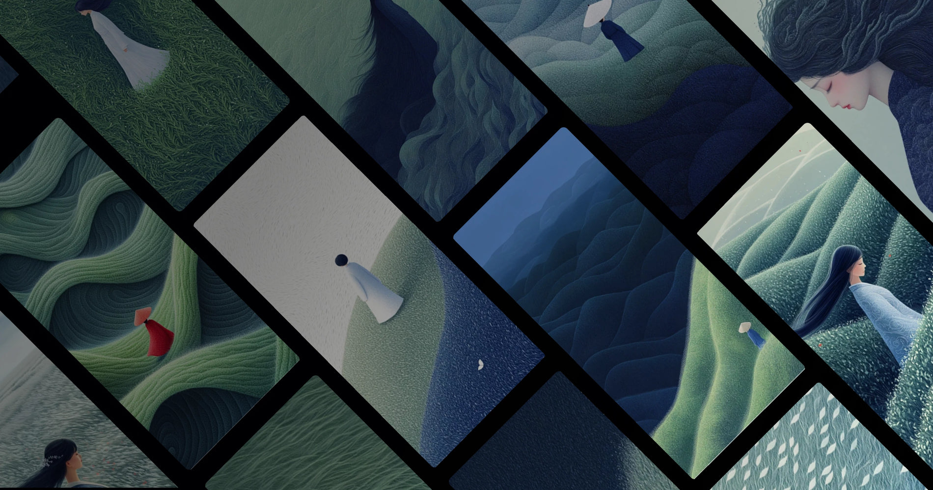 Zen-Inspired Journey Through Rolling Landscapes and Ethereal Figures