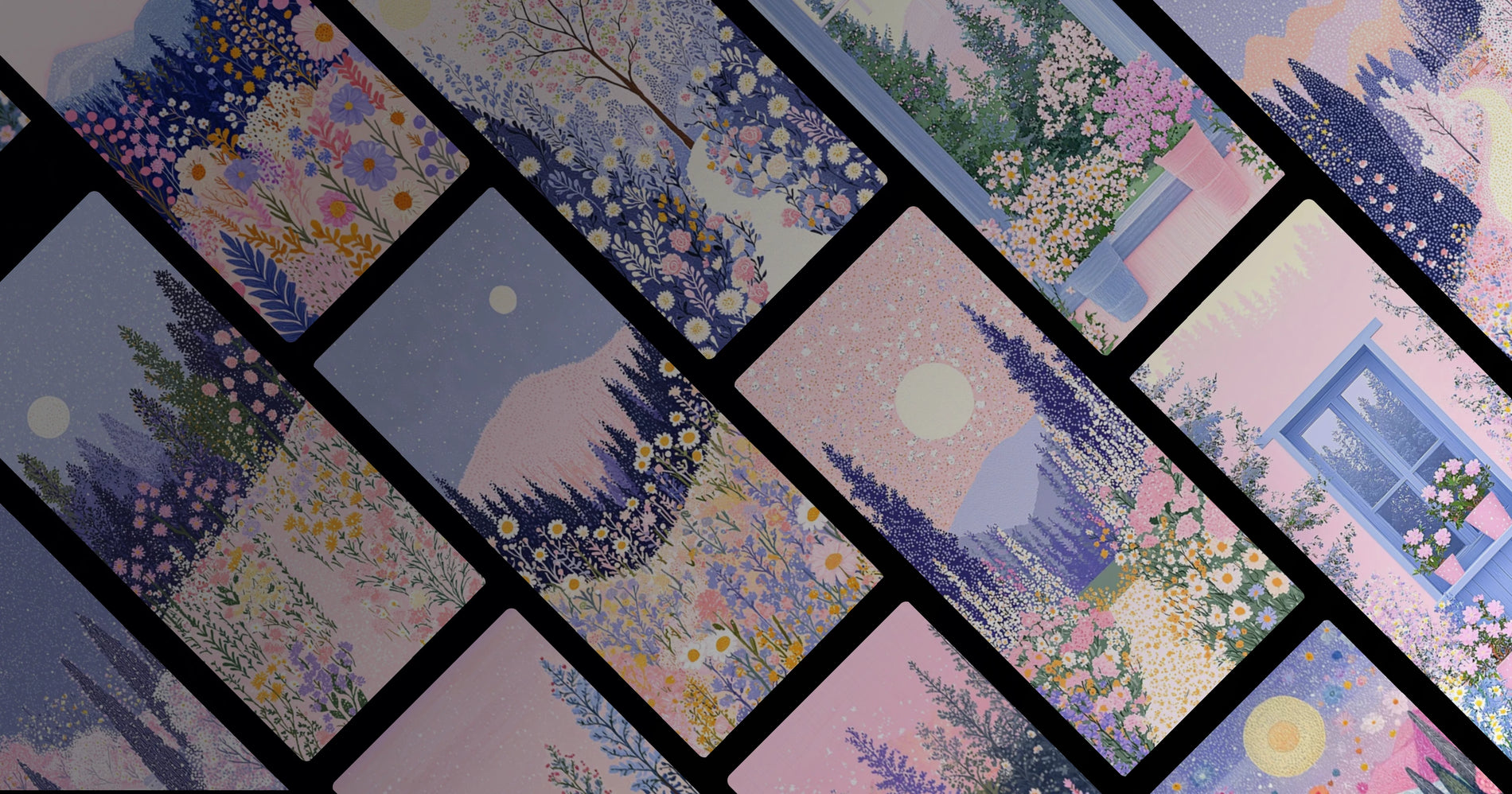 Whimsical Garden Art: A Serene Journey Through Flower-Filled Forests and Moonlit Trails