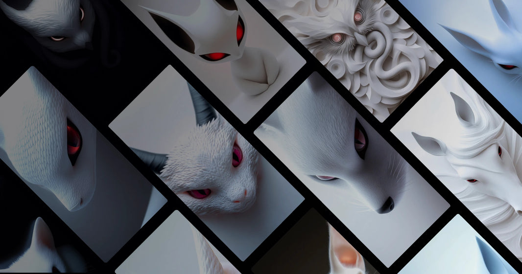 Ethereal White Creatures with Glowing Red Eyes – Modern Mythical Art