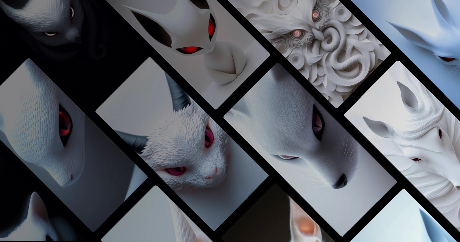 Ethereal White Creatures with Glowing Red Eyes – Modern Mythical Art