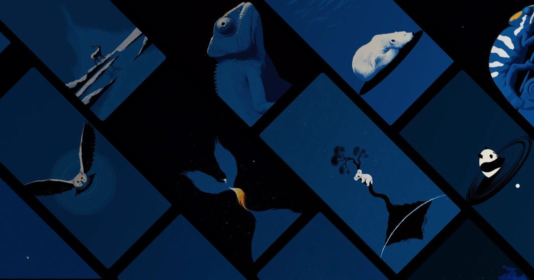 Blue Universe Animal Fables: Minimalist Art of Chameleon, Polar Bear, and Panda