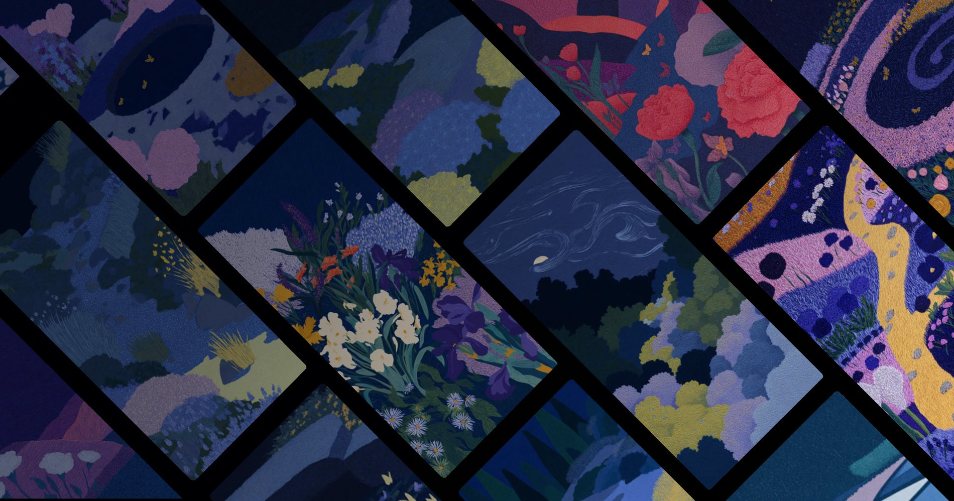 Night Garden Journey: Artistic Floral Landscapes in Deep Blues and Blooming Hues