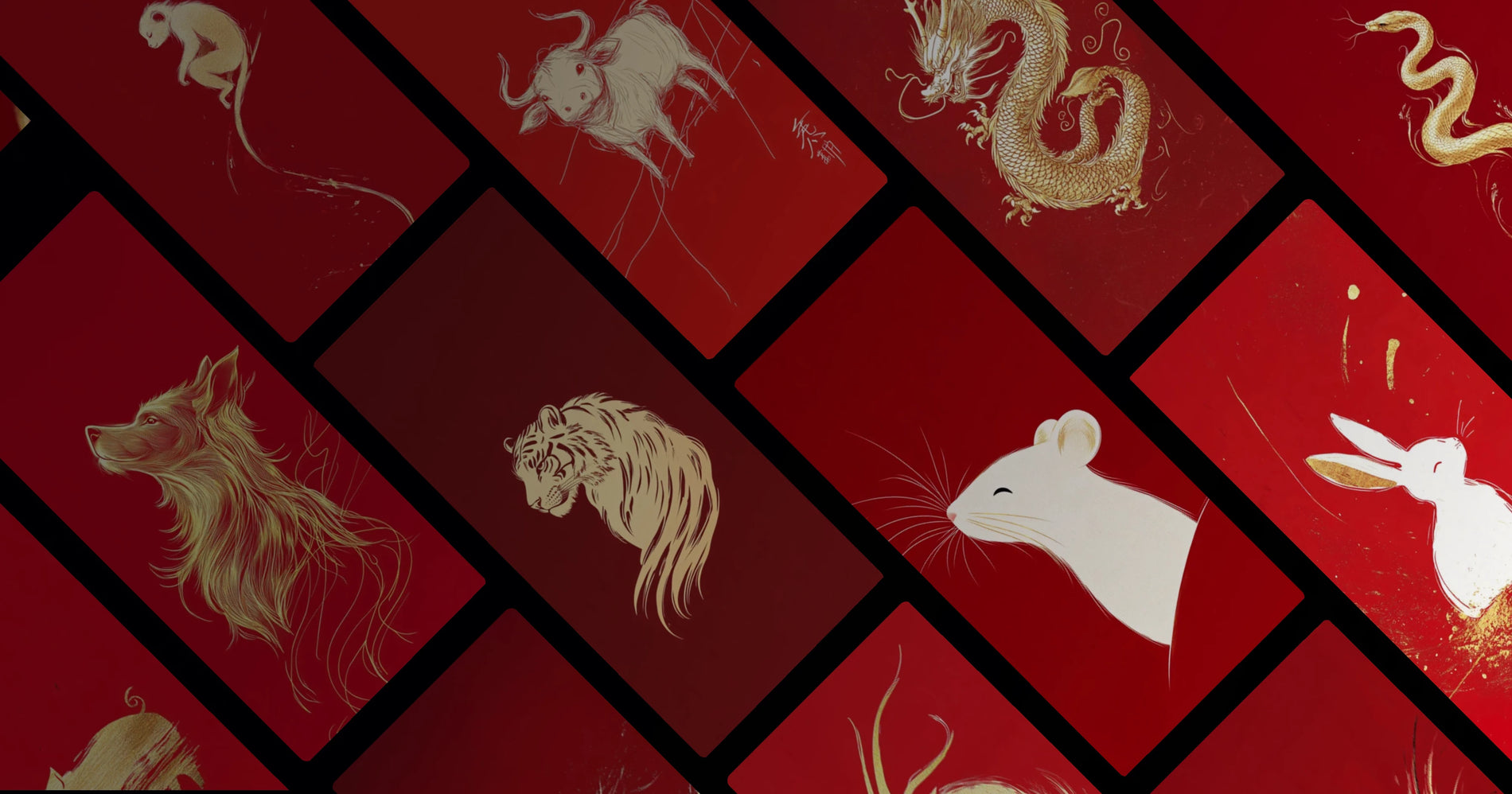Golden Chinese Zodiac Art: Mythical Animals in Red and Gold