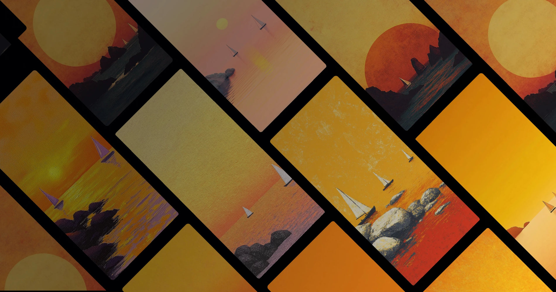 Serene Sunset Ocean with Sailboats and Rocky Outcrops