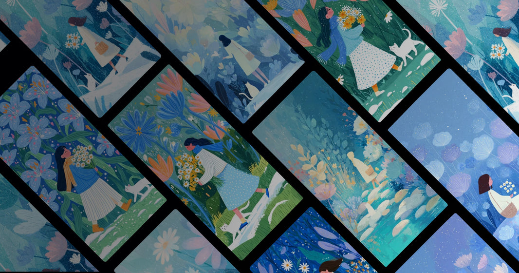 Girl and White Cat in a Winter Floral Garden – Dreamy Artwork for Calm Moments