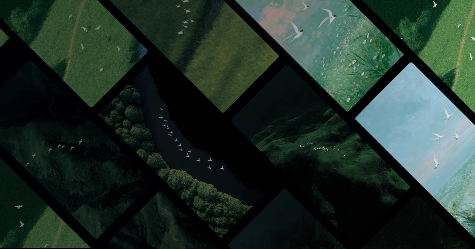 Flying Birds Over Verdant Landscapes – Serene Nature Artwork