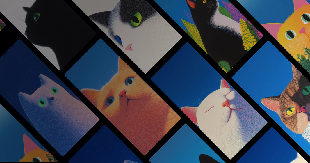 Colorful Feline Art: Serene Cat Portraits with Expressive Eyes and Blue Backdrops