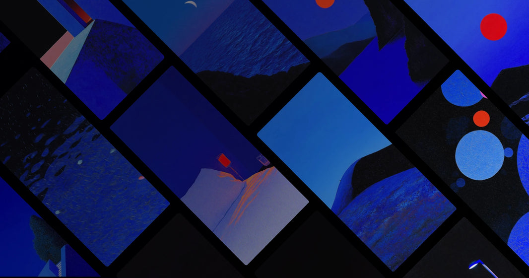 Blue Hour Mood: Minimalist Nightscapes with Red Sun and Mountain Silhouettes