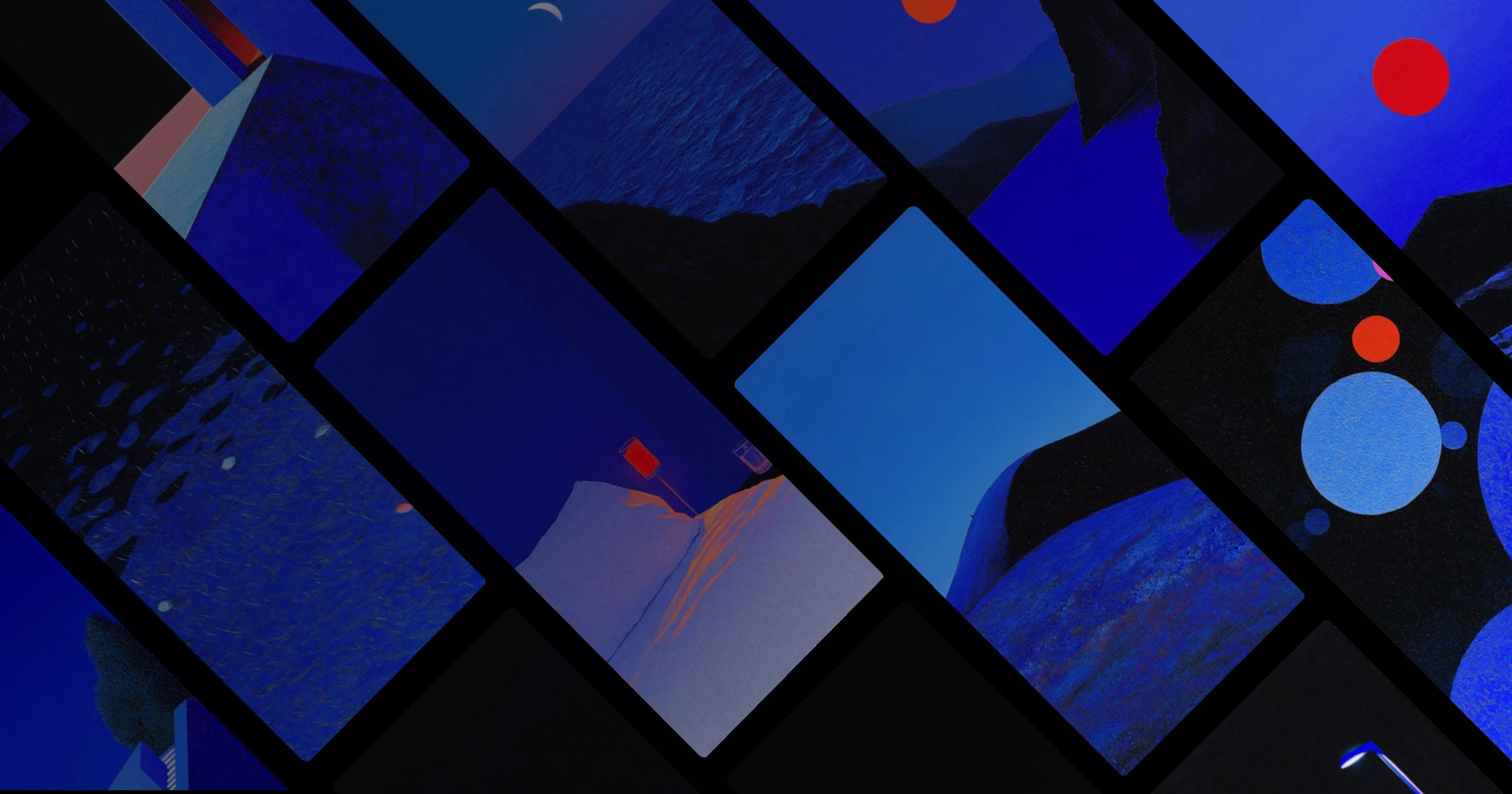 Blue Hour Mood: Minimalist Nightscapes with Red Sun and Mountain Silhouettes