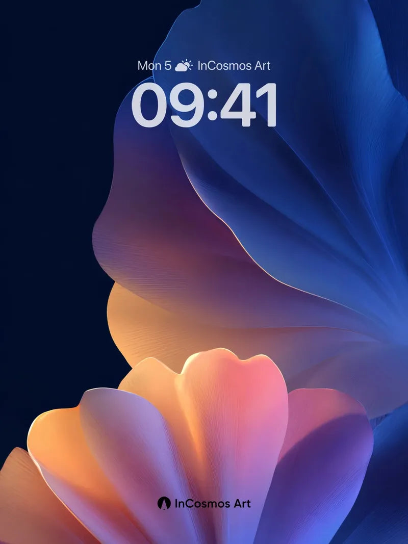 Phone lock-screen preview of sculptural amber, pink and violet petals on dark blue