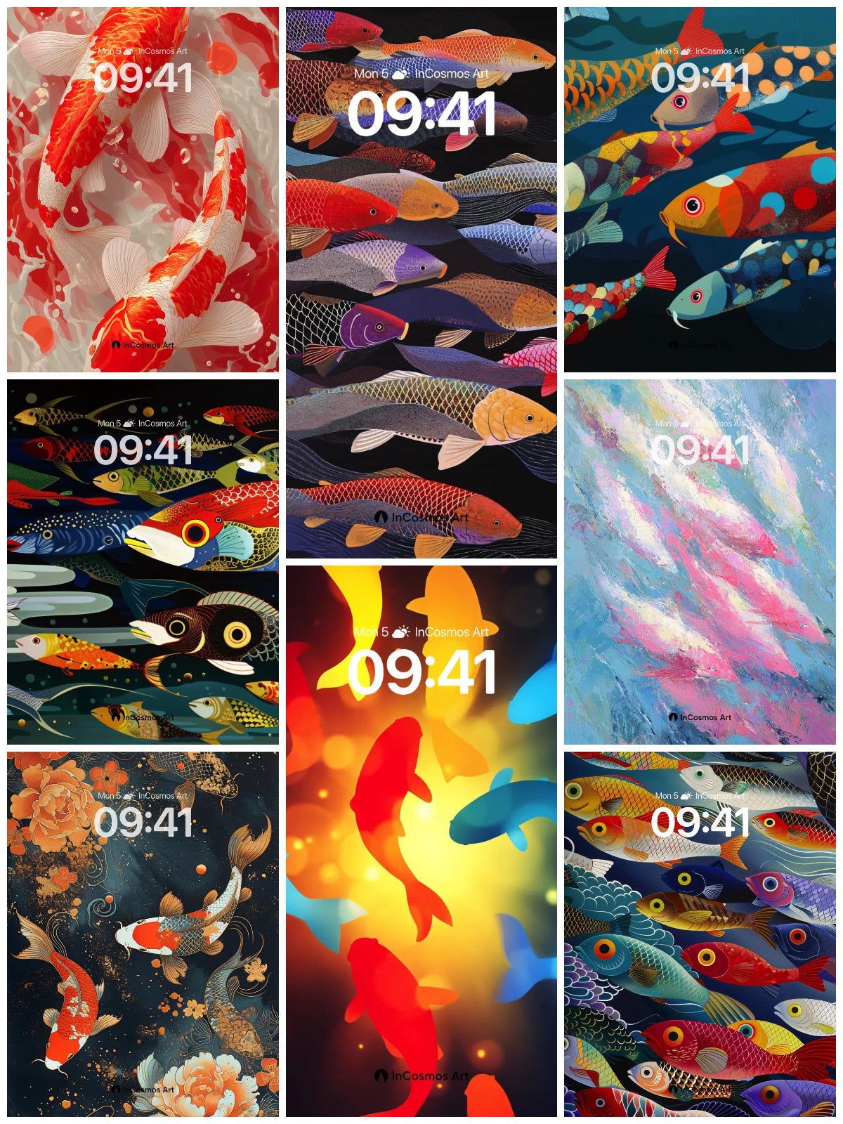 Koi in Liquid Light – 8-Piece Serenity Wallpaper Bundle
