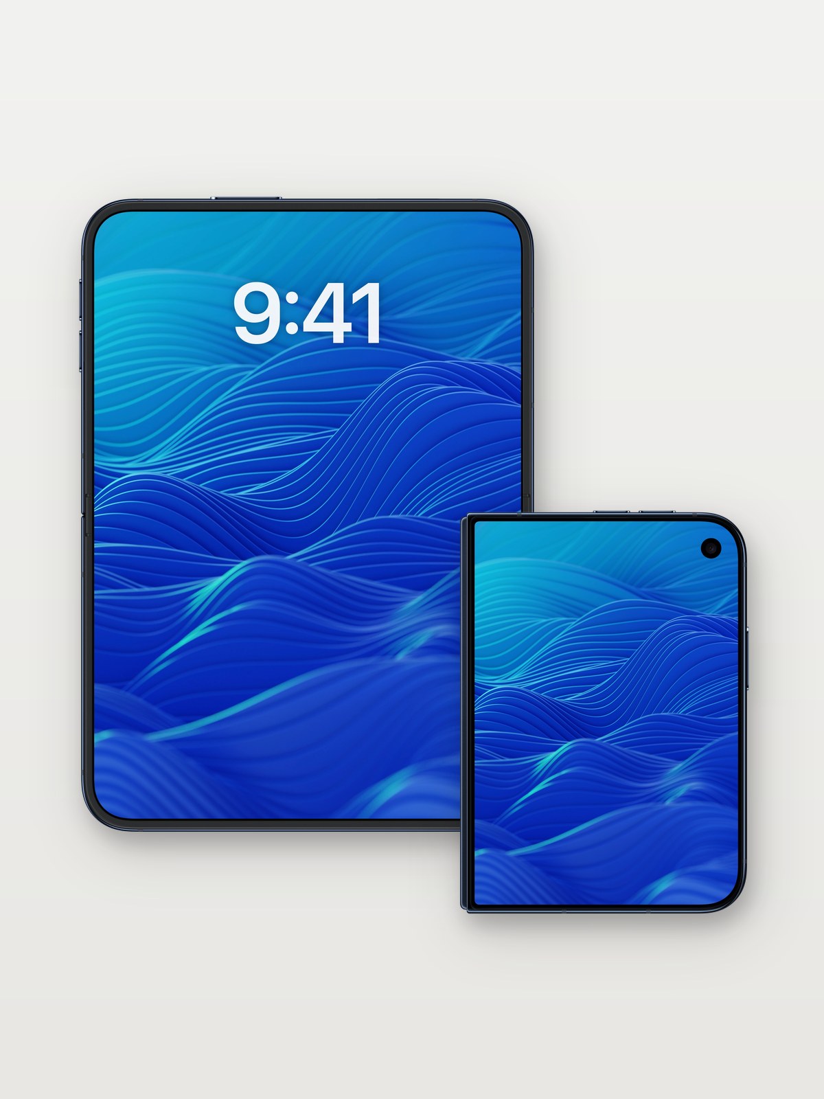 Liquid Depth Wallpaper with Undulating Lines on iPhone Duo, open and closed