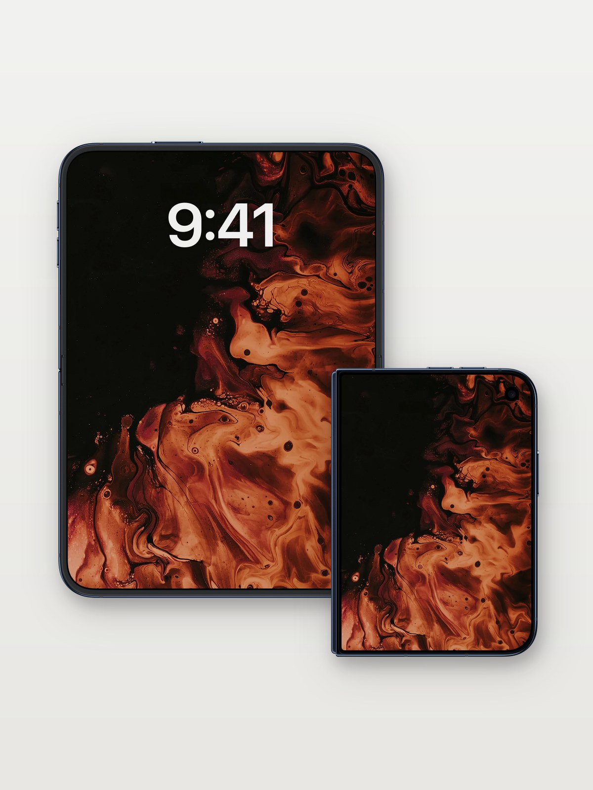 Obsidian Ember Wallpaper with Liquid Fire Veins on iPhone Duo, open and closed