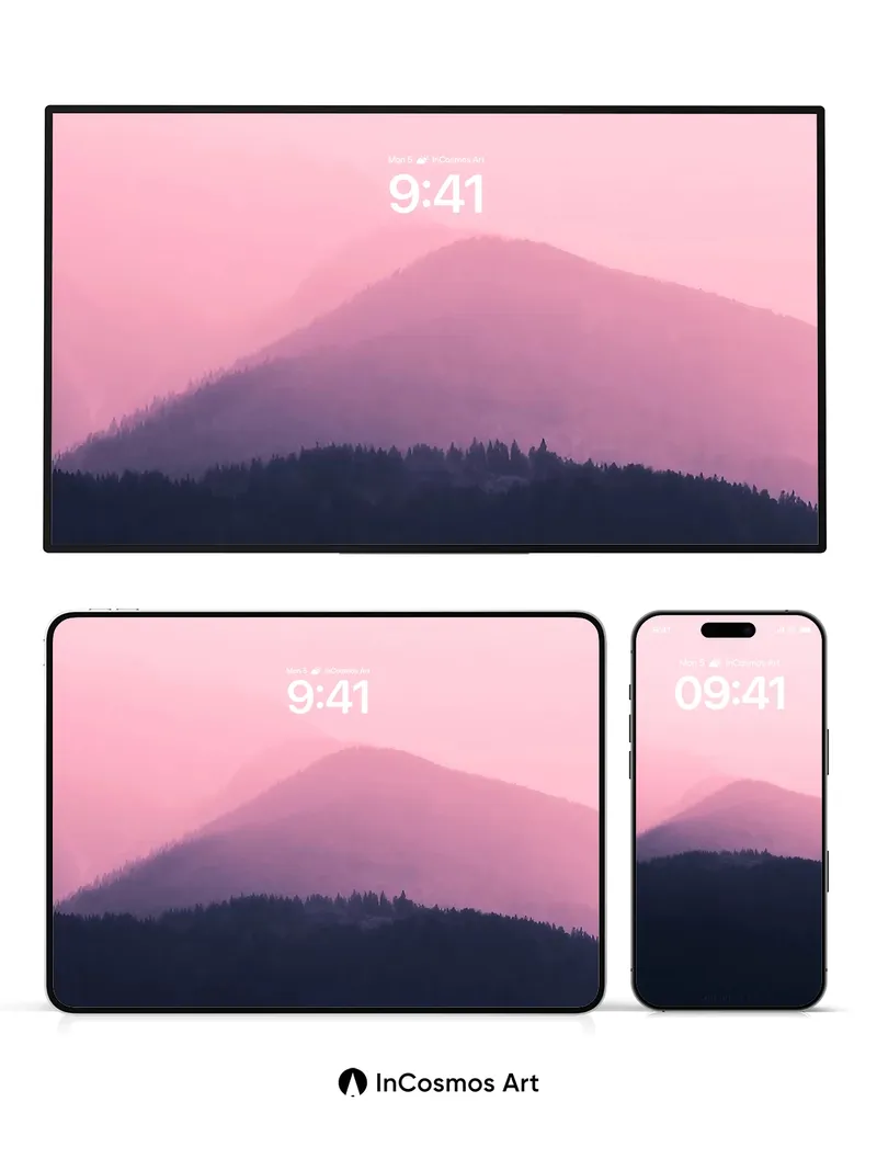 Misty Violet Horizon Wallpaper with Forest Silhouettes