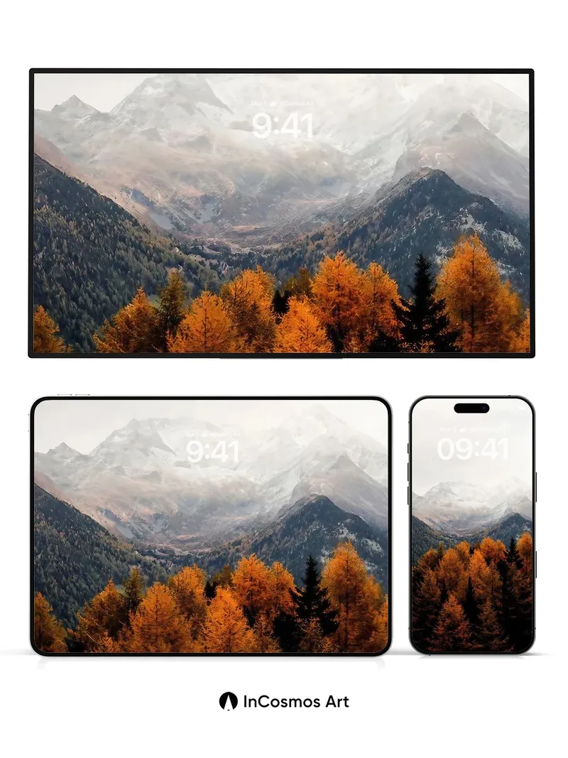 Autumn Hush Wallpaper with Snow-Capped Peaks