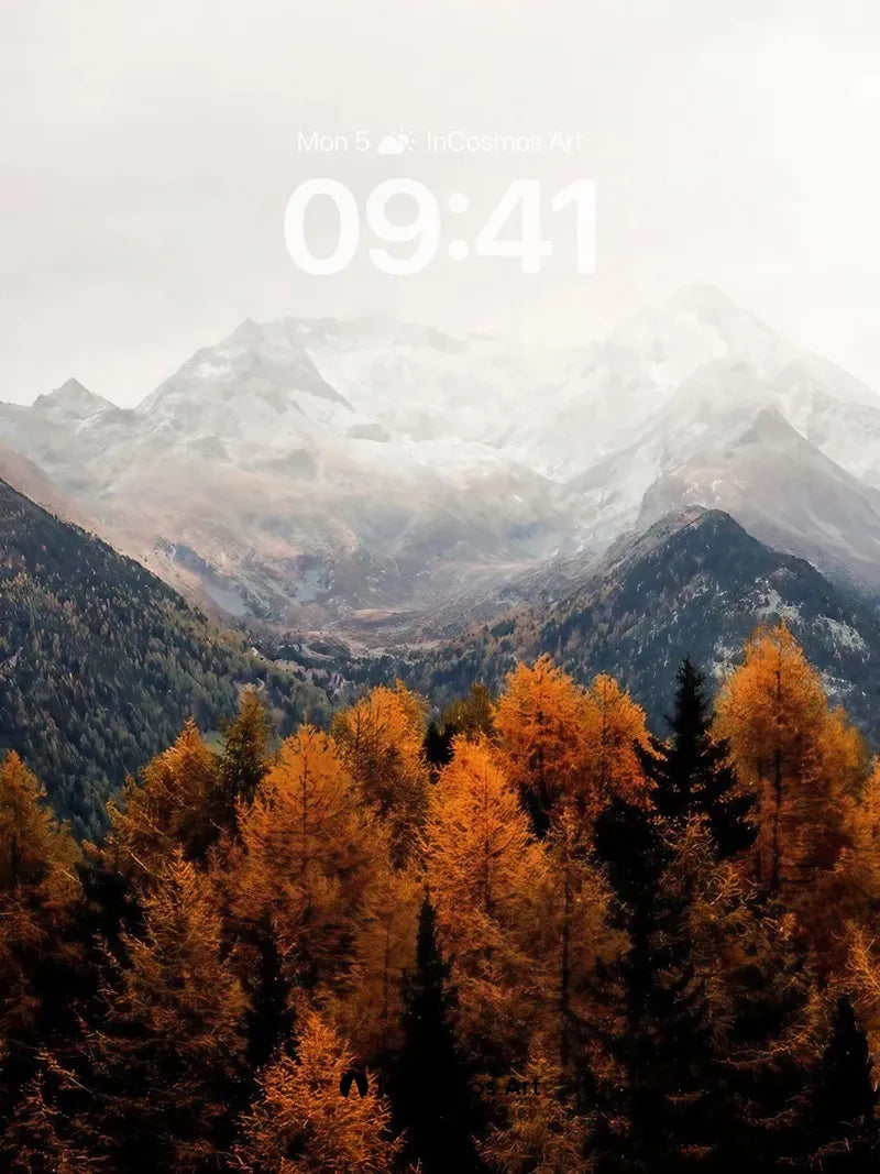 Autumn Hush Wallpaper with Snow-Capped Peaks