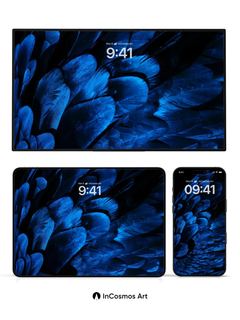 Midnight Feather Wallpaper with Electric Blue Hues