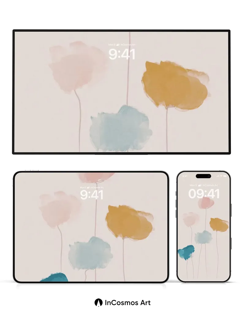Serene Watercolor Bloom Wallpaper with Soft Stems