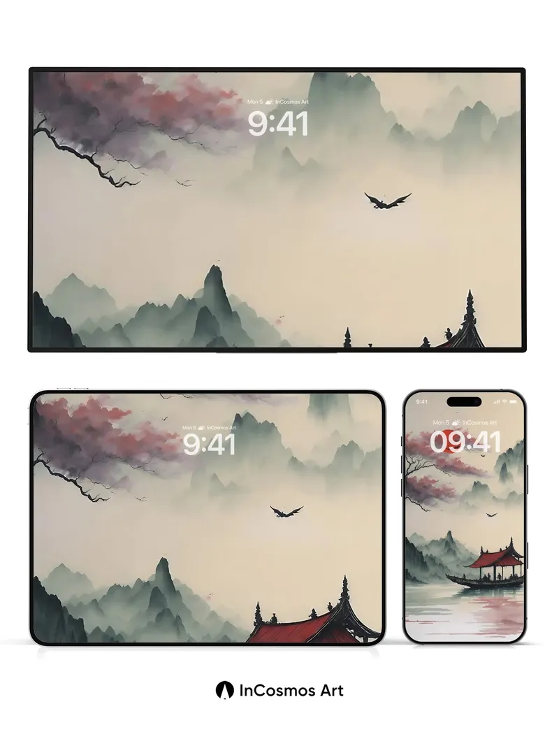 Crimson Horizon Wallpaper with Floating Pavilion