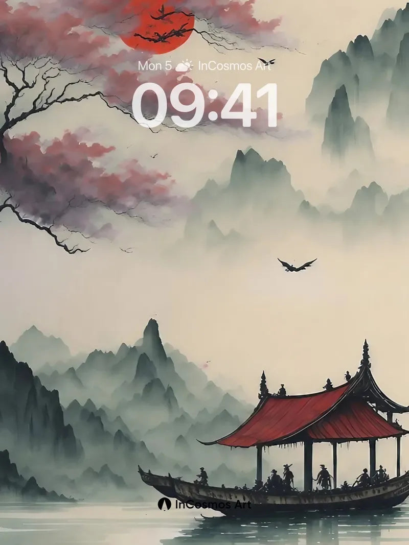 Crimson Horizon Wallpaper with Floating Pavilion