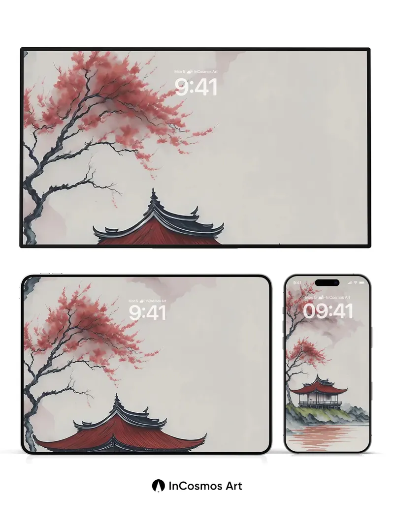 Serenity Cherry Pavilion Wallpaper with Misty Reflections