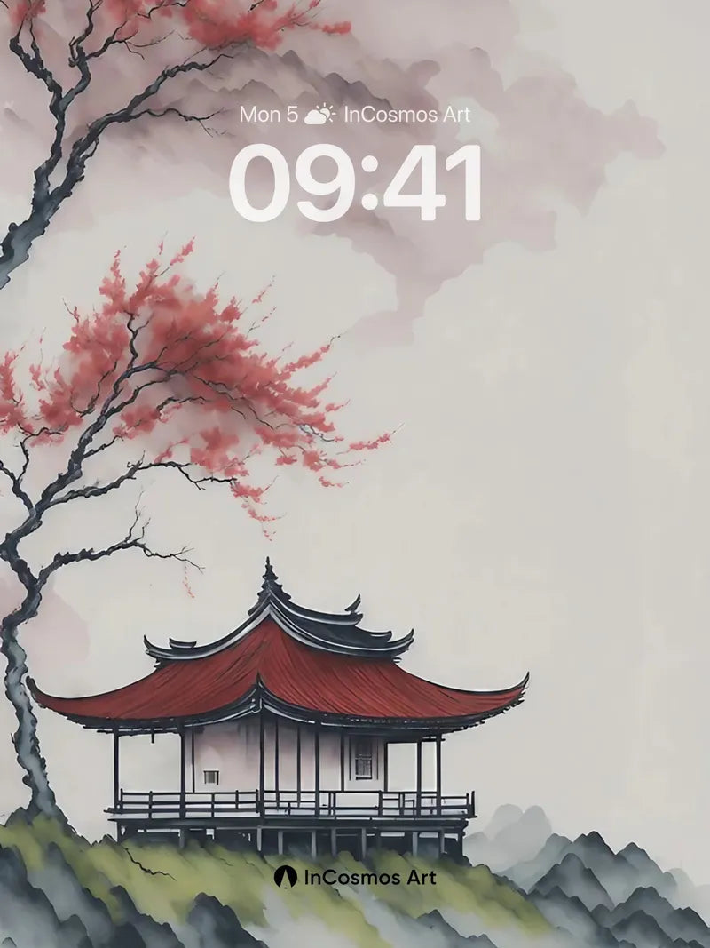 Serenity Cherry Pavilion Wallpaper with Misty Reflections