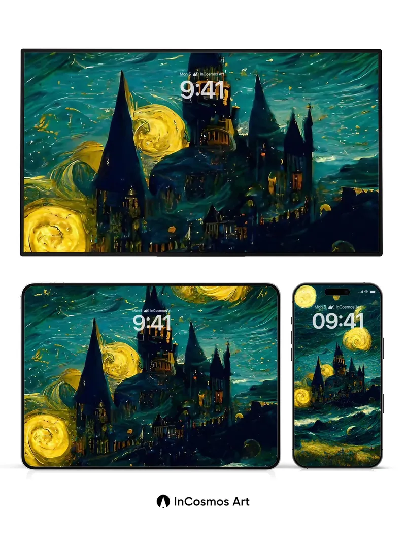 Starry Castle Wallpaper with Van Gogh Swirls
