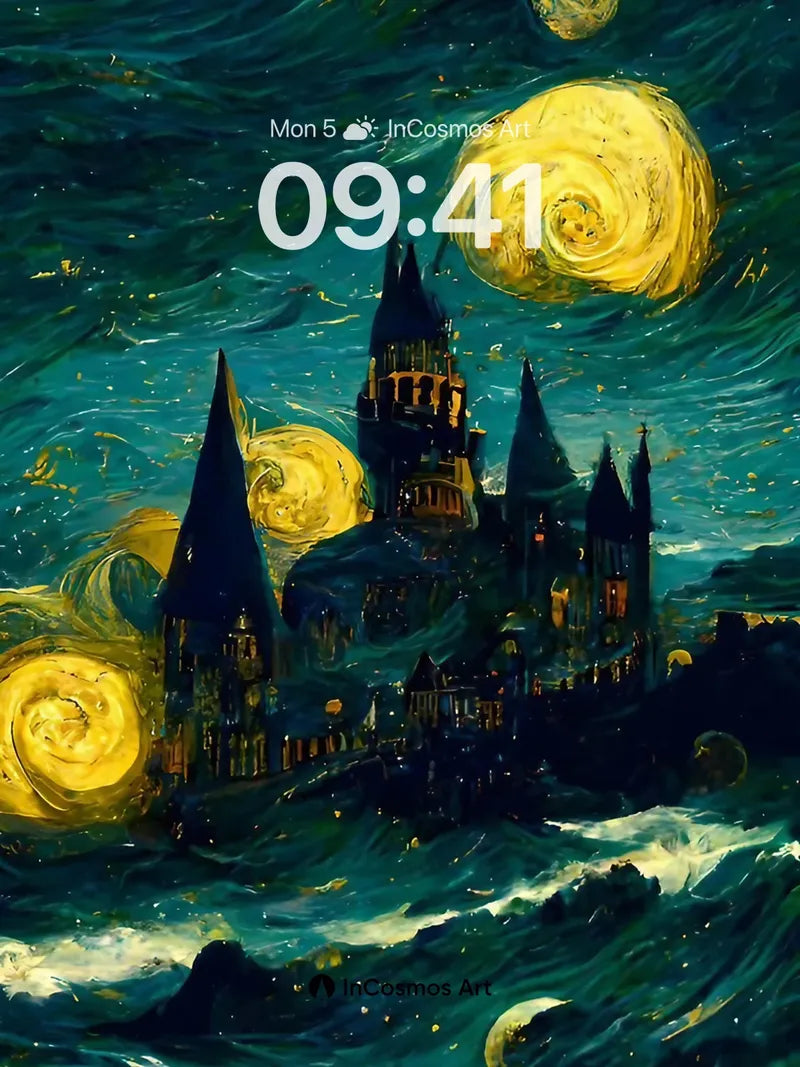 Starry Castle Wallpaper with Van Gogh Swirls