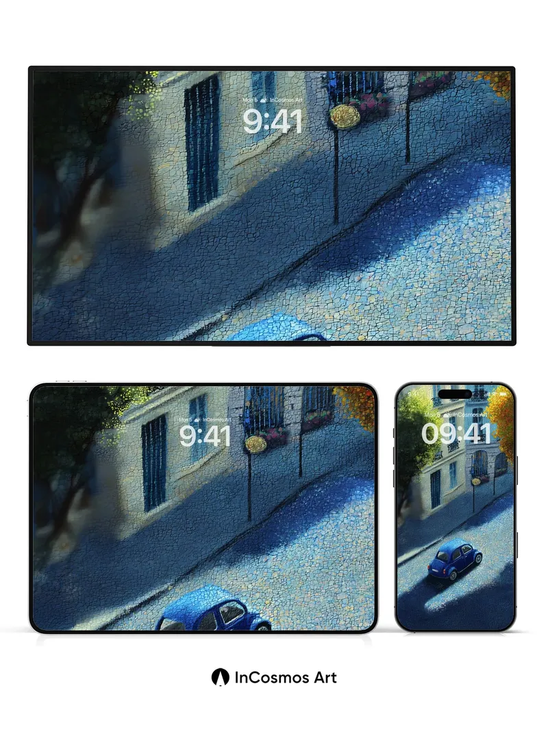 Cobblestone Whisper Wallpaper with Midnight Blue Car