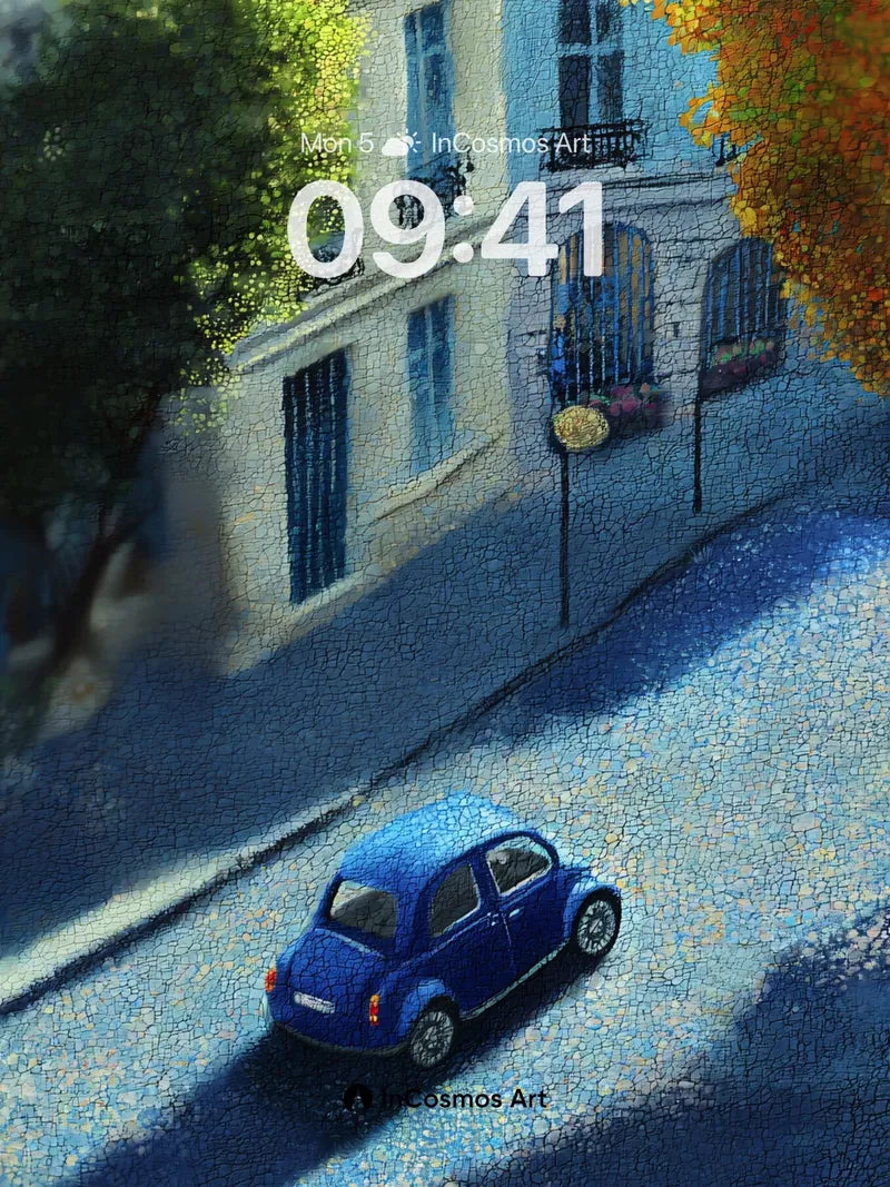 Cobblestone Whisper Wallpaper with Midnight Blue Car