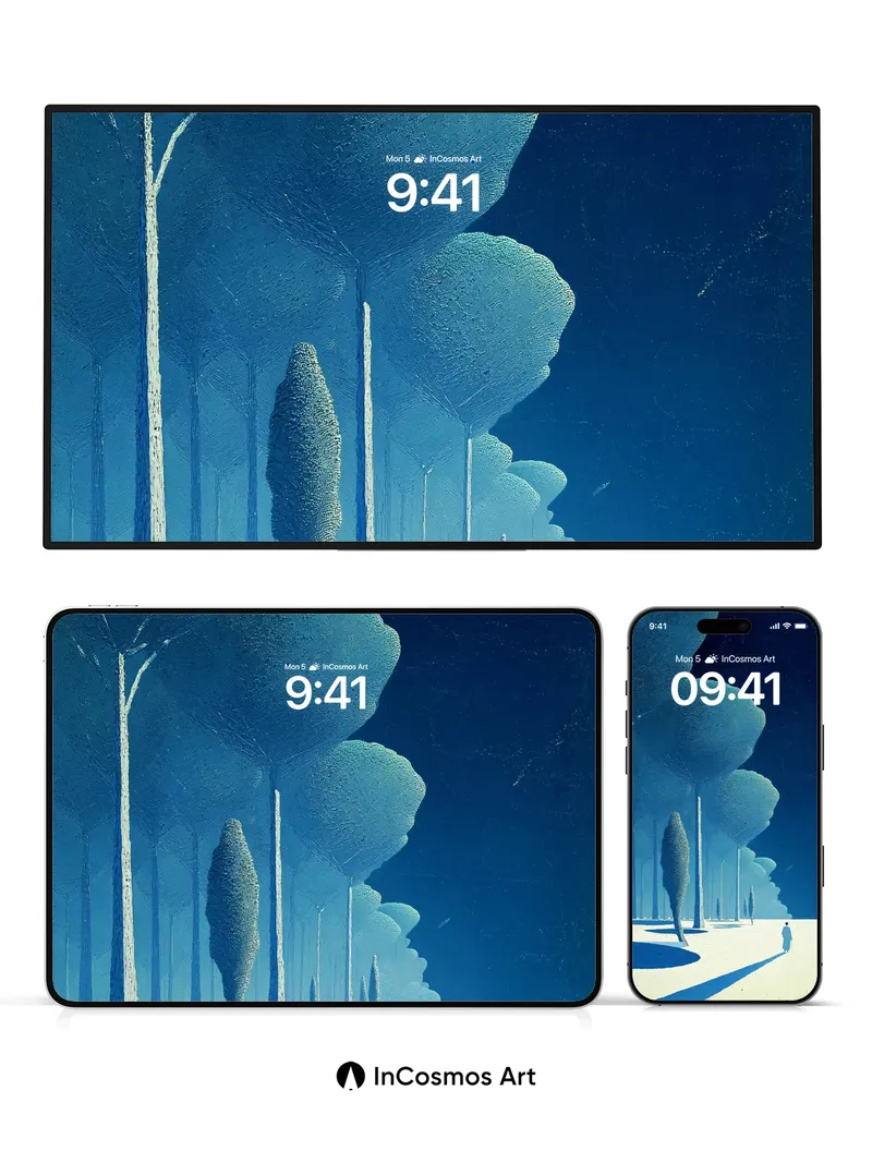 Serenity Blue Tree Line Wallpaper with Midnight Walk