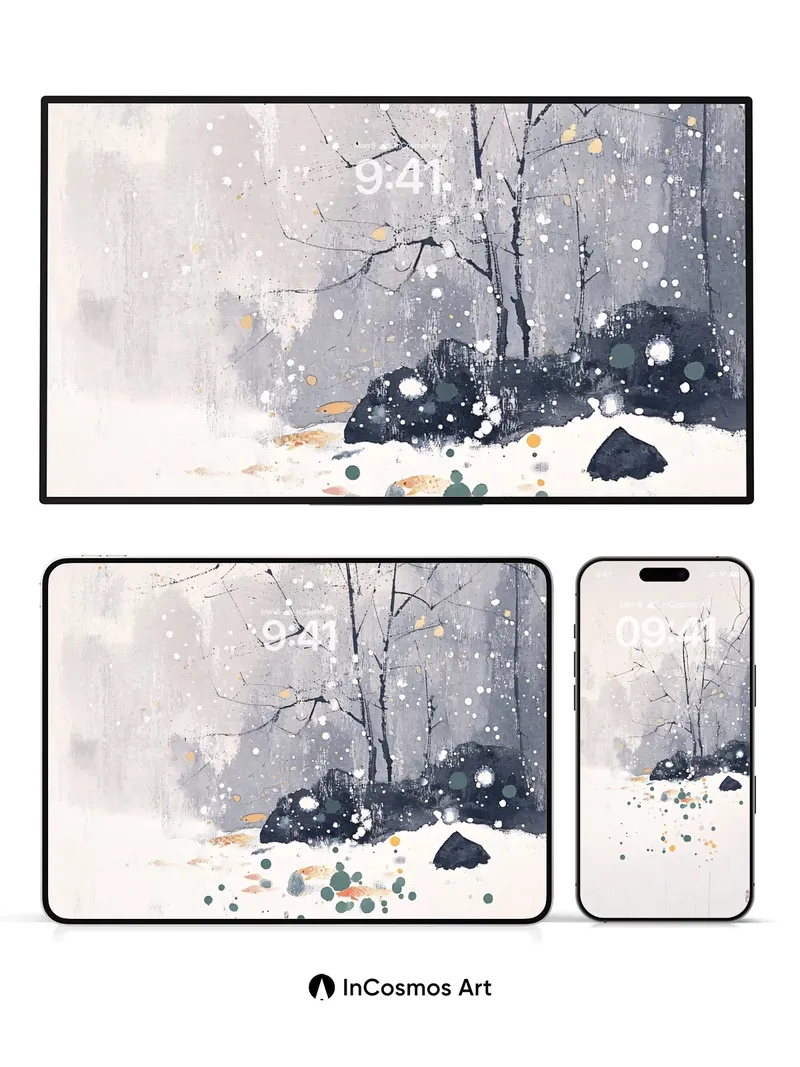 Serenity Snowfall Wallpaper with Ink-Bleed Trees