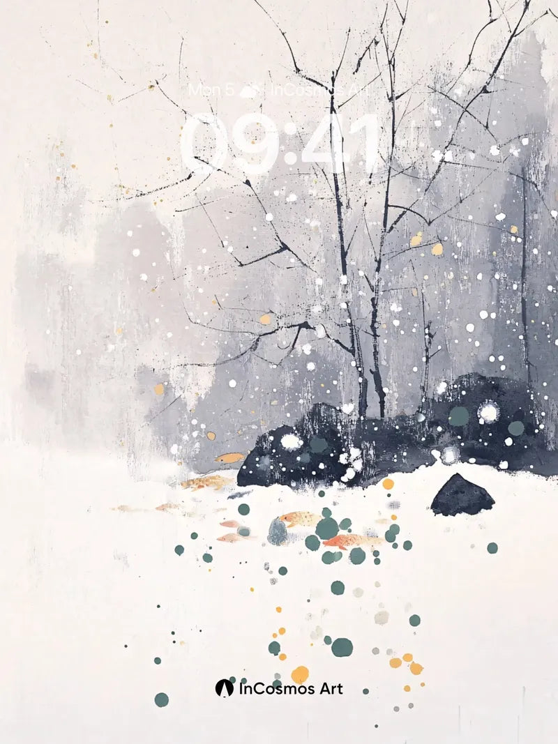 Serenity Snowfall Wallpaper with Ink-Bleed Trees