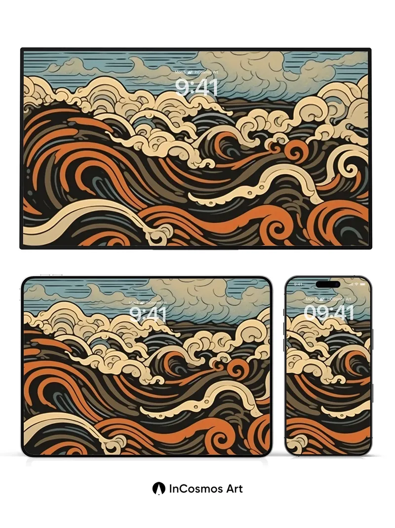 Storm-Tossed Wave Wallpaper in Hokusai Style