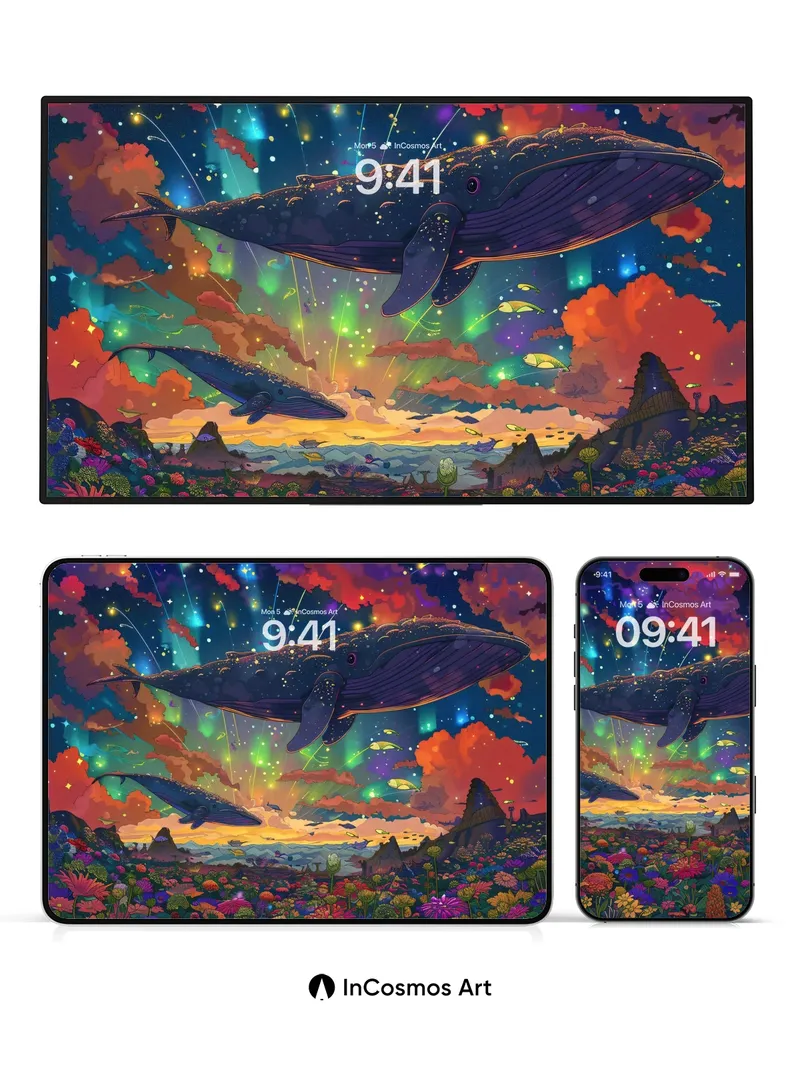 Celestial Whale Wallpaper with Starlit Bloom