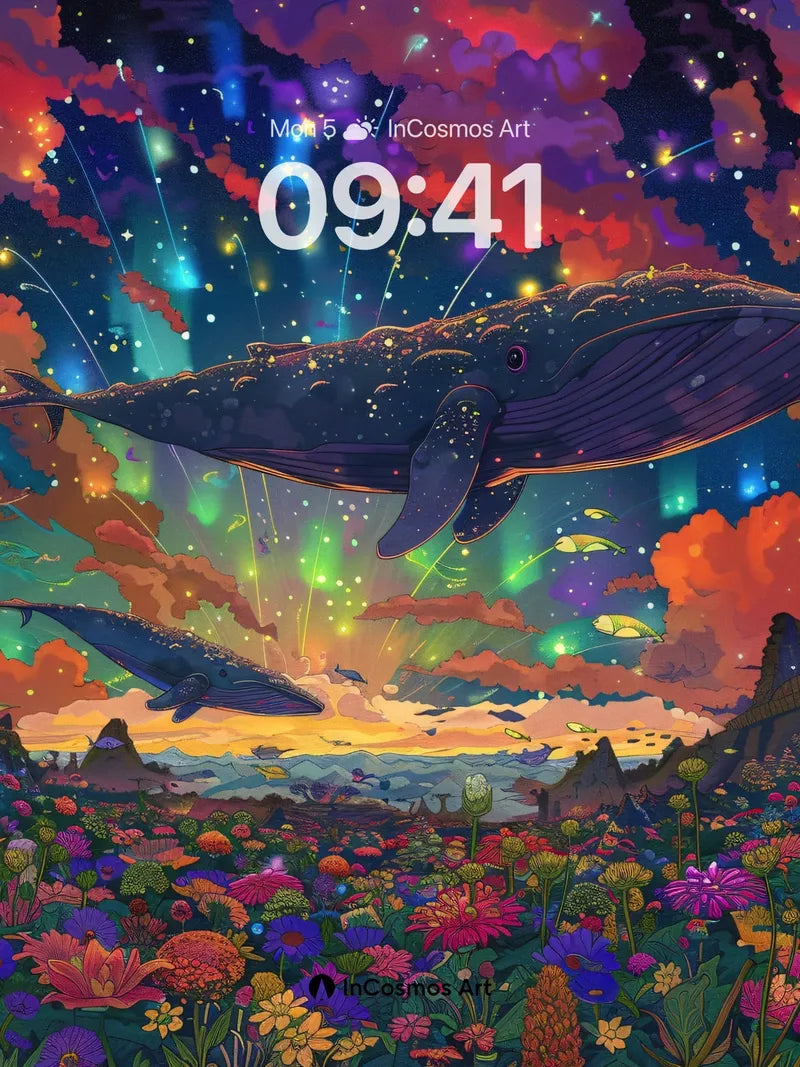Celestial Whale Wallpaper with Starlit Bloom