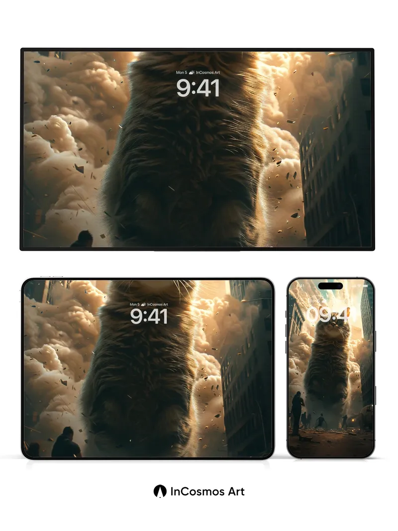 Giant Tabby Wonder Wallpaper with City Collapse