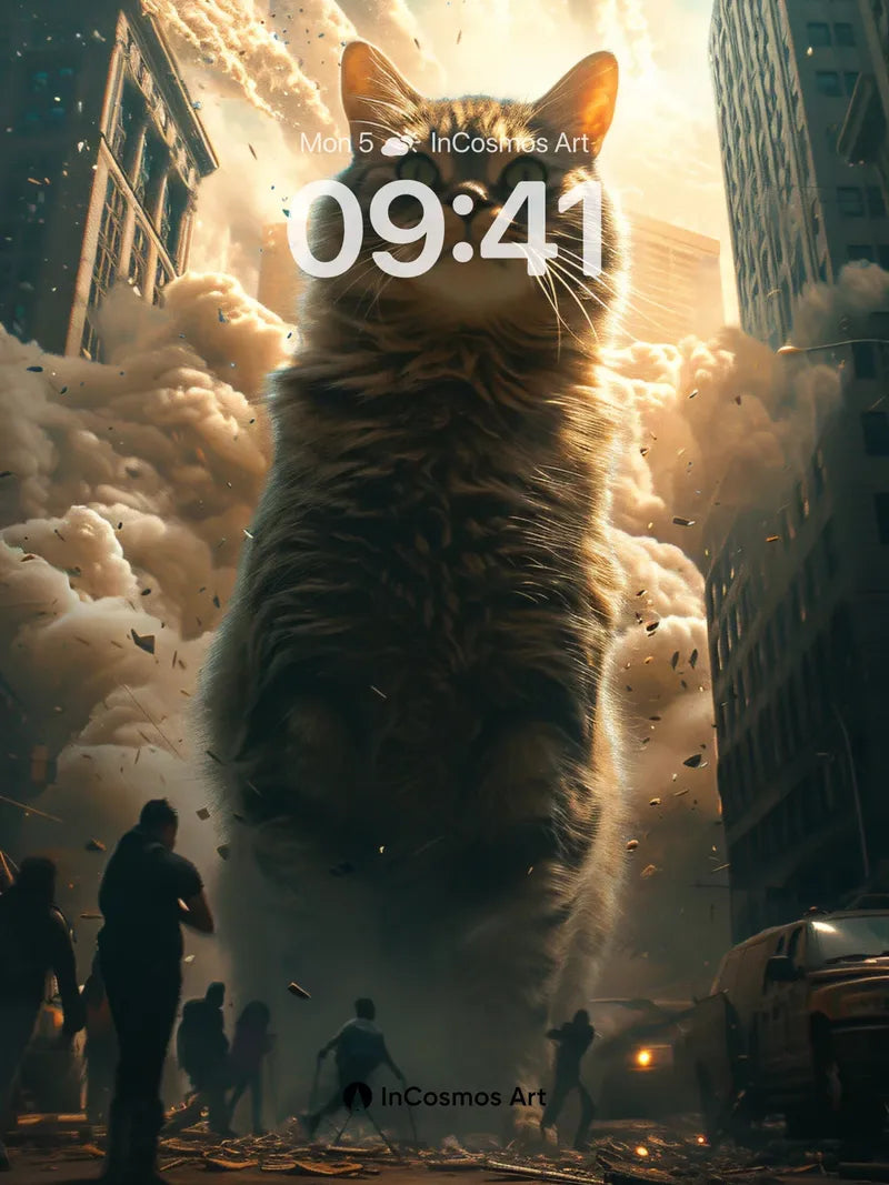 Giant Tabby Wonder Wallpaper with City Collapse