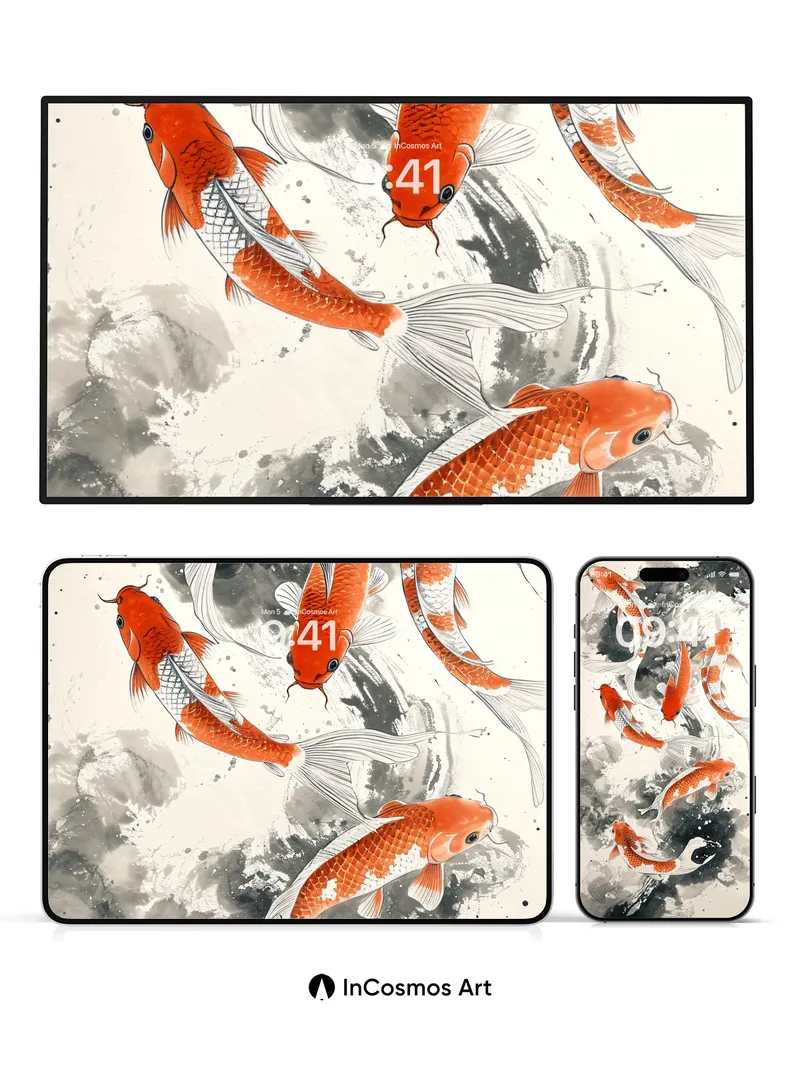 Calm Koi River Wallpaper with Ink Wash Flow