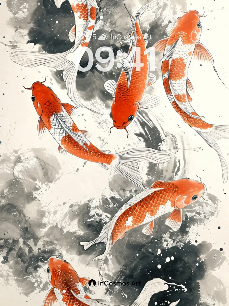 Calm Koi River Wallpaper with Ink Wash Flow